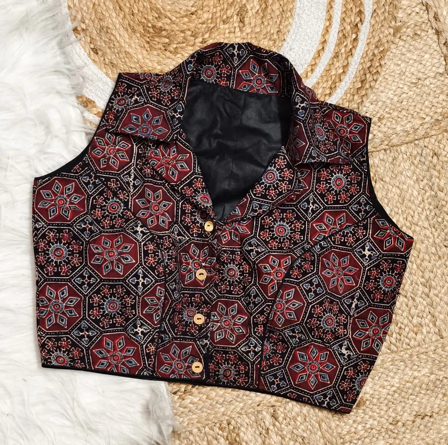 Natural Dye Ajrakh Collar Neck Blouse with Wooden Button